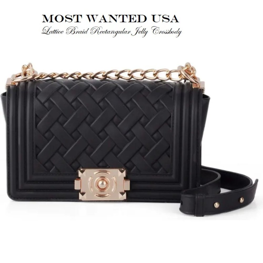 MOST WANTED USA -Lattice Braid Rectangular Jelly Crossbody IN BLACK + GOLD CHAIN